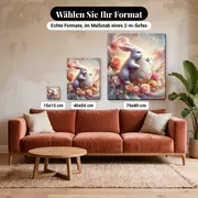 Malen nach Zahlen weißer Hase, Osterei und Blumen – verfügbare Formate im Größenvergleich zu einem Sofa