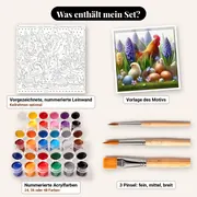 Malen nach Zahlen Hühner: Hahn und Küken zu Ostern – Set-Inhalt: vorgezeichnete Leinwand, Farben, Pinsel