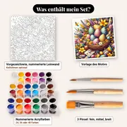 Malen nach Zahlen Ostereier im Blumennest – Set-Inhalt: vorgezeichnete Leinwand, Farben, Pinsel