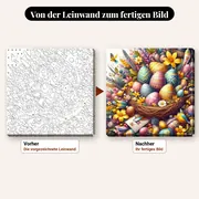 Malen nach Zahlen Ostereier im Blumennest – vorher und nachher: vorgezeichnete Leinwand und fertiges Gemälde