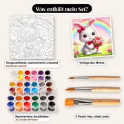 Malen nach Zahlen weißer Hase mit Rosenstrauß und Regenbogen – Set-Inhalt: vorgezeichnete Leinwand, Farben, Pinsel