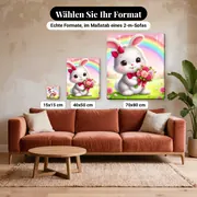 Malen nach Zahlen weißer Hase mit Rosenstrauß und Regenbogen – verfügbare Formate im Größenvergleich zu einem Sofa