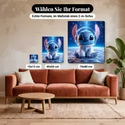 Malen nach Zahlen Lilo &amp; Stitch als Astronaut im Weltraum – verfügbare Formate im Größenvergleich zu einem Sofa