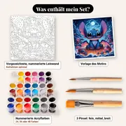 Malen nach Zahlen Lilo &amp; Stitch mit Drachenflügeln und Vollmond – Set-Inhalt: vorgezeichnete Leinwand, Farben, Pinsel