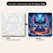 Malen nach Zahlen Lilo &amp; Stitch mit Drachenflügeln und Vollmond – vorher und nachher: vorgezeichnete Leinwand und fertiges Gemälde