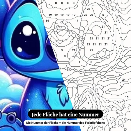 Malen nach Zahlen Lilo & Stitch auf einer Wolke unter den Sternen – nummerierte Leinwand zum Malen