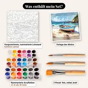 Malen nach Zahlen blaues Boot am Strand – Set-Inhalt: vorgezeichnete Leinwand, Farben, Pinsel