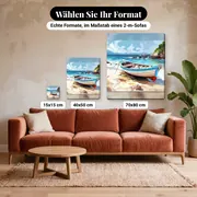 Malen nach Zahlen blaues Boot am Strand – verfügbare Formate im Größenvergleich zu einem Sofa