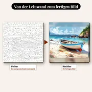 Malen nach Zahlen blaues Boot am Strand – vorher und nachher: vorgezeichnete Leinwand und fertiges Gemälde