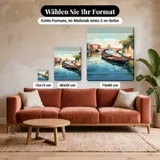 Malen nach Zahlen Holzboot unter einer Steinbrücke – verfügbare Formate im Größenvergleich zu einem Sofa