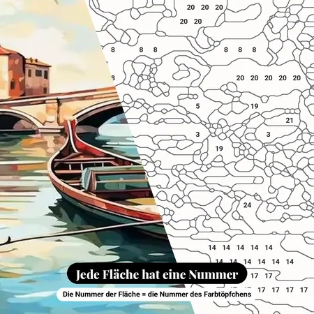 Malen nach Zahlen Holzboot unter einer Steinbrücke – nummerierte Leinwand zum Malen