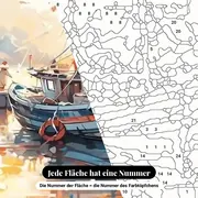 Malen nach Zahlen Fischkutter im Hafen bei Sonnenuntergang – Nahaufnahme der nummerierten Leinwand