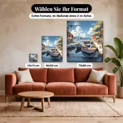 Malen nach Zahlen Boote in einem Mittelmeerhafen mit bunten Fassaden – verfügbare Formate im Größenvergleich zu einem Sofa