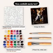 Malen nach Zahlen Corgi an der Pub-Theke – Set-Inhalt: vorgezeichnete Leinwand, Farben, Pinsel