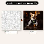 Malen nach Zahlen Corgi an der Pub-Theke – vorher und nachher: vorgezeichnete Leinwand und fertiges Gemälde