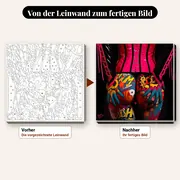 Malen nach Zahlen Pop-Art-Frau im Korsett und Comic – vorher und nachher: vorgezeichnete Leinwand und fertiges Gemälde