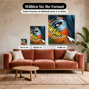 Malen nach Zahlen Frauenblick Pop-Art Comic – verfügbare Formate im Größenvergleich zu einem Sofa