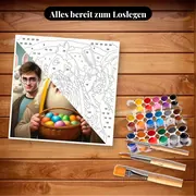 Malen nach Zahlen Dumbledore und Snape an Ostern – Set bereit zum Loslegen auf dem Tisch