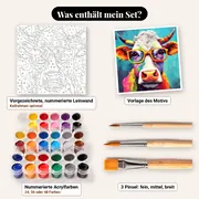 Malen nach Zahlen bunte Kuh mit Brille – Set-Inhalt: vorgezeichnete Leinwand, Farben, Pinsel
