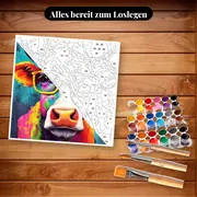 Malen nach Zahlen bunte Kuh mit Brille – Set bereit zum Loslegen auf dem Tisch