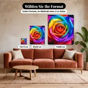 Malen nach Zahlen bunte Regenbogen-Rose – verfügbare Formate im Größenvergleich zu einem Sofa