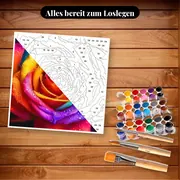 Malen nach Zahlen bunte Regenbogen-Rose – Set bereit zum Loslegen auf dem Tisch