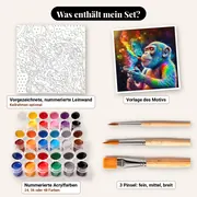 Malen nach Zahlen Pop-Art-Schimpanse mit bunten Rauchschwaden – Set-Inhalt: vorgezeichnete Leinwand, Farben, Pinsel
