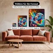 Malen nach Zahlen Pop-Art-Schimpanse mit bunten Rauchschwaden – verfügbare Formate im Größenvergleich zu einem Sofa