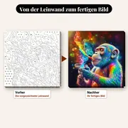 Malen nach Zahlen Pop-Art-Schimpanse mit bunten Rauchschwaden – vorher und nachher: vorgezeichnete Leinwand und fertiges Gemälde