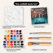 Malen nach Zahlen Stadt: Vintage-Poster Orlando, Lake Eola Park – Set-Inhalt: vorgezeichnete Leinwand, Farben, Pinsel