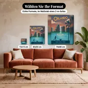 Malen nach Zahlen Stadt: Vintage-Poster Orlando, Lake Eola Park – verfügbare Formate im Größenvergleich zu einem Sofa