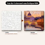 Malen nach Zahlen Vintage-Poster Rom bei Sonnenuntergang – vorher und nachher: vorgezeichnete Leinwand und fertiges Gemälde