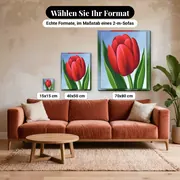 Malen nach Zahlen Rote Tulpe in Nahaufnahme – verfügbare Formate im Größenvergleich zu einem Sofa