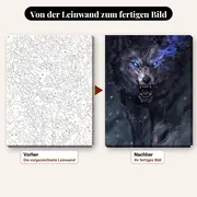 Malen nach Zahlen Schwarzer Wolf mit blauen Augen im Schnee – vorher und nachher: vorgezeichnete Leinwand und fertiges Gemälde