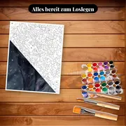Malen nach Zahlen Schwarzer Wolf mit blauen Augen im Schnee – Set bereit zum Loslegen auf dem Tisch
