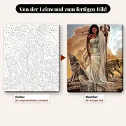Malen nach Zahlen Indianerin und Wölfe auf der Klippe – vorher und nachher: vorgezeichnete Leinwand und fertiges Gemälde