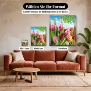 Malen nach Zahlen Frühling: Tulpenfeld unter blauem Himmel – verfügbare Formate im Größenvergleich zu einem Sofa