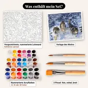 Malen nach Zahlen Drei Wölfe rennen durch den Schnee – Set-Inhalt: vorgezeichnete Leinwand, Farben, Pinsel