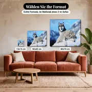Malen nach Zahlen Zwei Wölfe im Schnee – verfügbare Formate im Größenvergleich zu einem Sofa