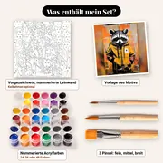 Malen nach Zahlen Waschbär im Kapuzenpullover im Street-Art-Stil – Set-Inhalt: vorgezeichnete Leinwand, Farben, Pinsel