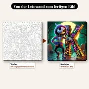 Malen nach Zahlen Jack Skellington Buchstabe K – vorher und nachher: vorgezeichnete Leinwand und fertiges Gemälde