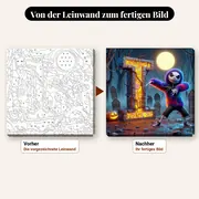 Malen nach Zahlen Jack Skellington Kürbis Buchstabe T – vorher und nachher: vorgezeichnete Leinwand und fertiges Gemälde
