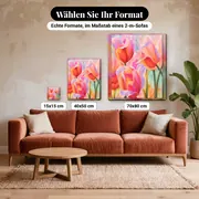 Malen nach Zahlen Rosa Tulpen Nahaufnahme – verfügbare Formate im Größenvergleich zu einem Sofa