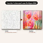 Malen nach Zahlen Rosa Tulpen Nahaufnahme – vorher und nachher: vorgezeichnete Leinwand und fertiges Gemälde