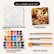 Malen nach Zahlen Evoli beim Sushi-Essen – Set-Inhalt: vorgezeichnete Leinwand, Farben, Pinsel