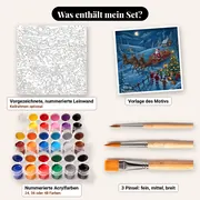 Malen nach Zahlen Weihnachtsmann mit Schlitten im Schnee – Set-Inhalt: vorgezeichnete Leinwand, Farben, Pinsel
