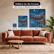 Malen nach Zahlen Weihnachtsmann mit Schlitten im Schnee – verfügbare Formate im Größenvergleich zu einem Sofa