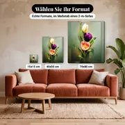 Malen nach Zahlen Frühling: Drei bunte Tulpen auf Salbeigrün – verfügbare Formate im Größenvergleich zu einem Sofa