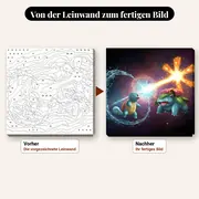 Malen nach Zahlen Schiggy und Bisaflor im Weltraum – vorher und nachher: vorgezeichnete Leinwand und fertiges Gemälde