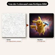 Malen nach Zahlen Pikachu im Weltraum – vorher und nachher: vorgezeichnete Leinwand und fertiges Gemälde